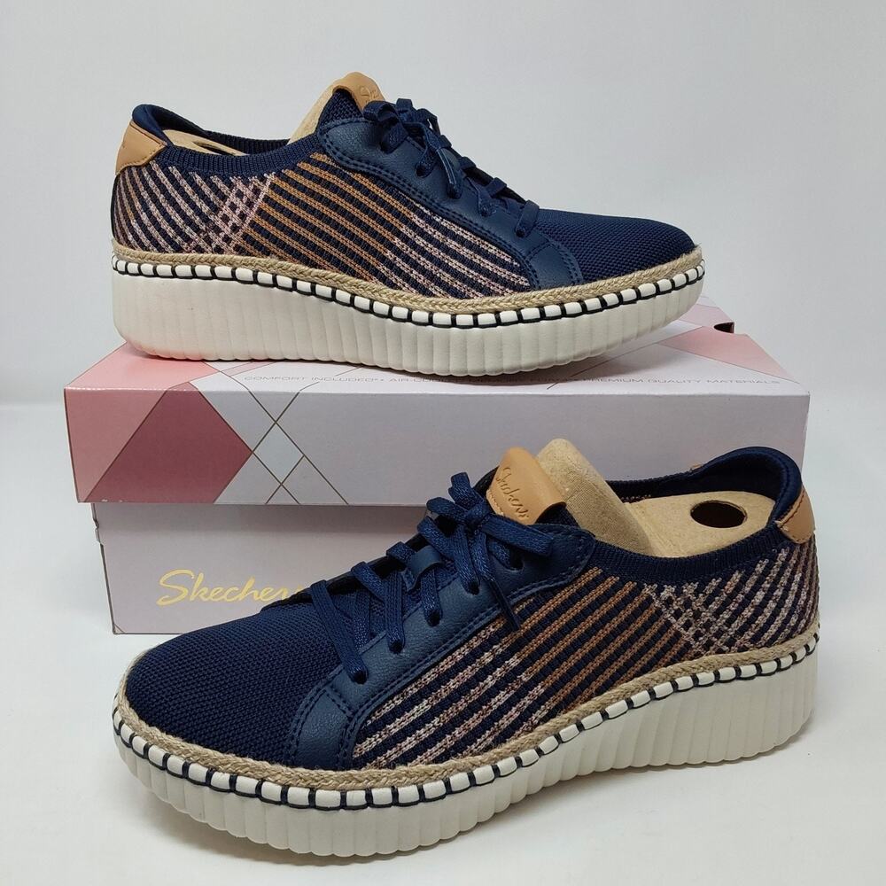 Skechers Wilshire Blvd Breezy Stroll Navy Womens 8.5 Platform Memory Foam Vegan